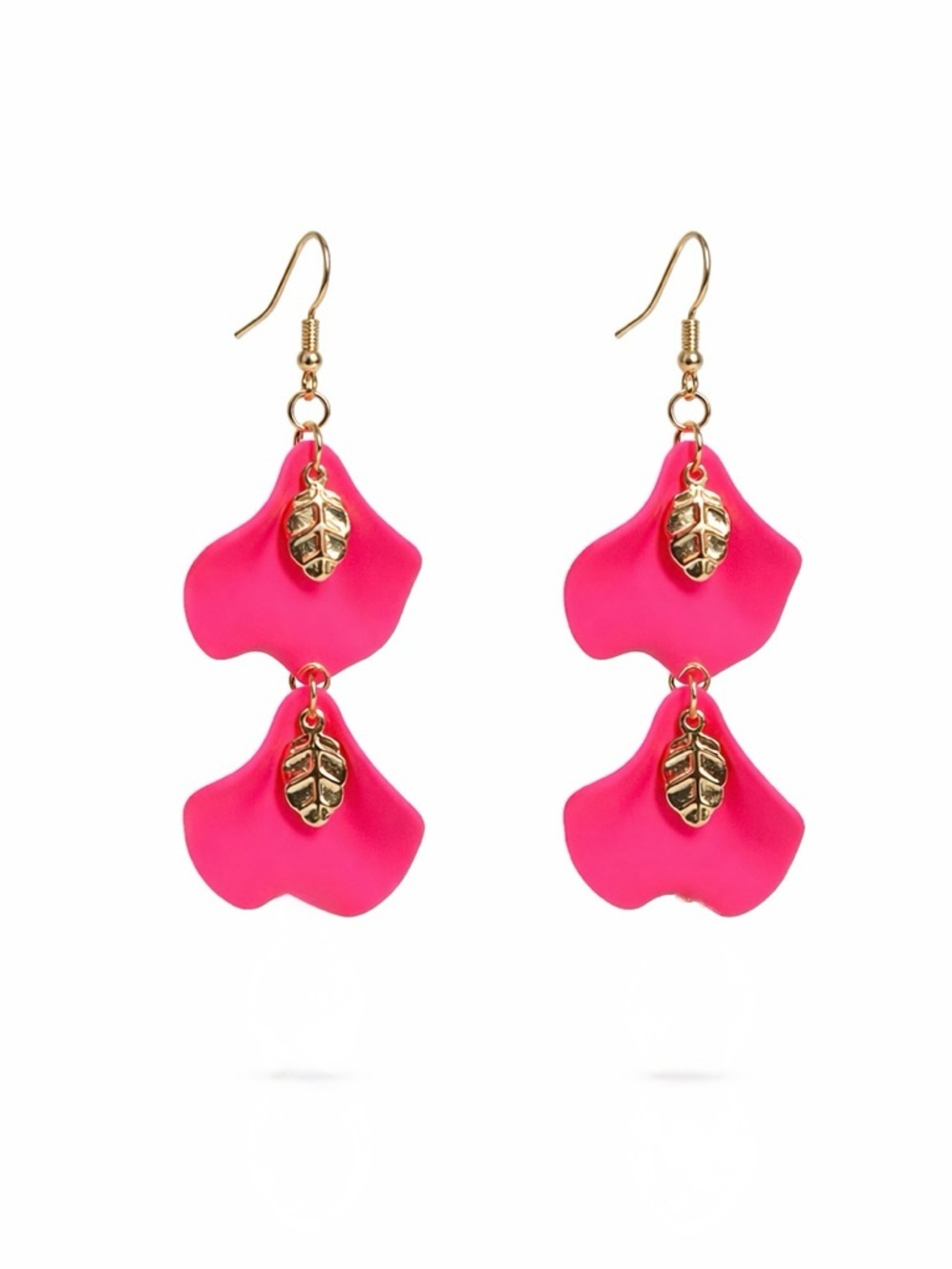 Pink Double Petal Drop Earrings with Gold Leaf Accents